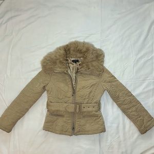Bebe Women's Quilted Rabbit Fur Collar bleed Jacket- Beige/Tan